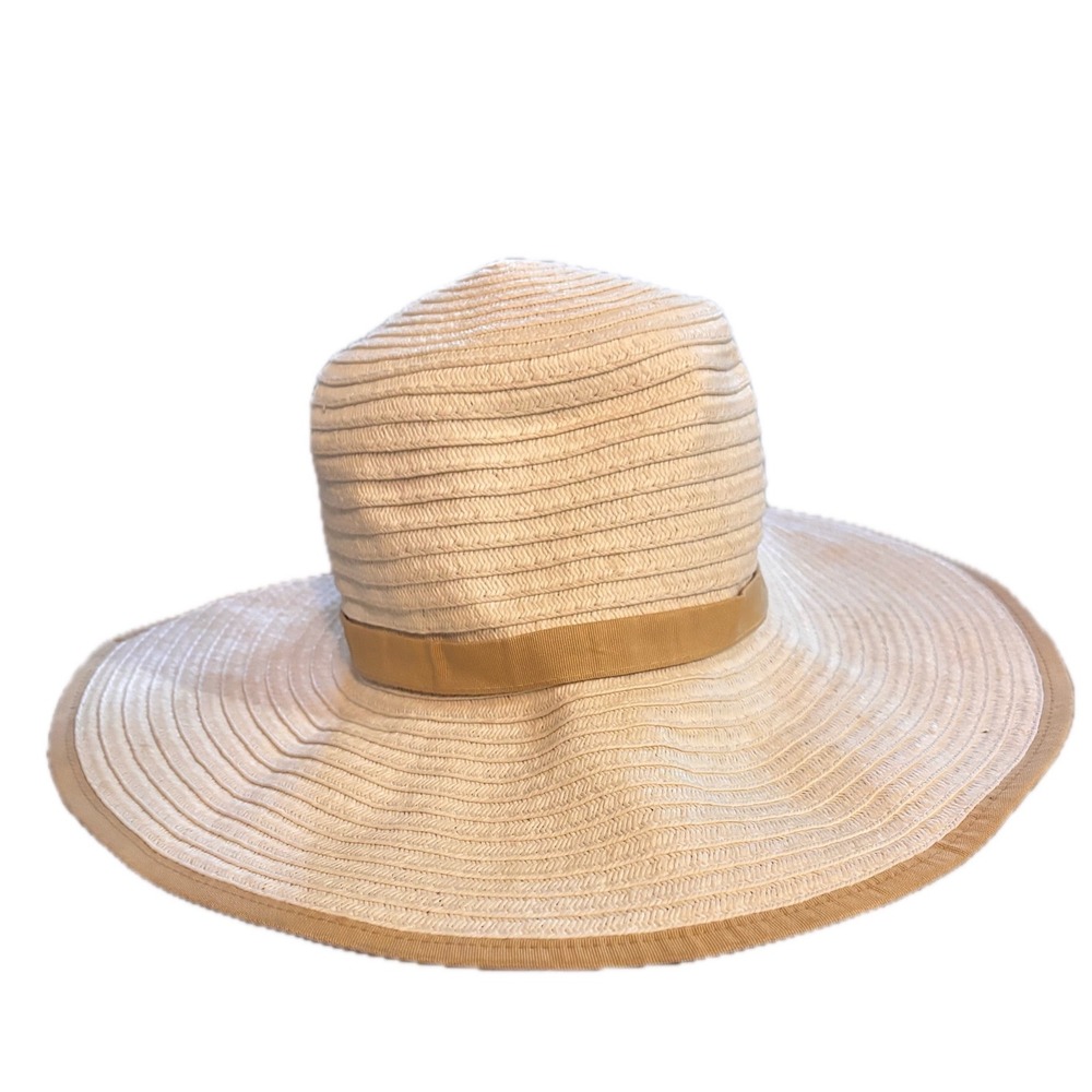 Womens Wide Brim Straw Sun Hat Cream Tan Ribbon Floppy Beach Hat